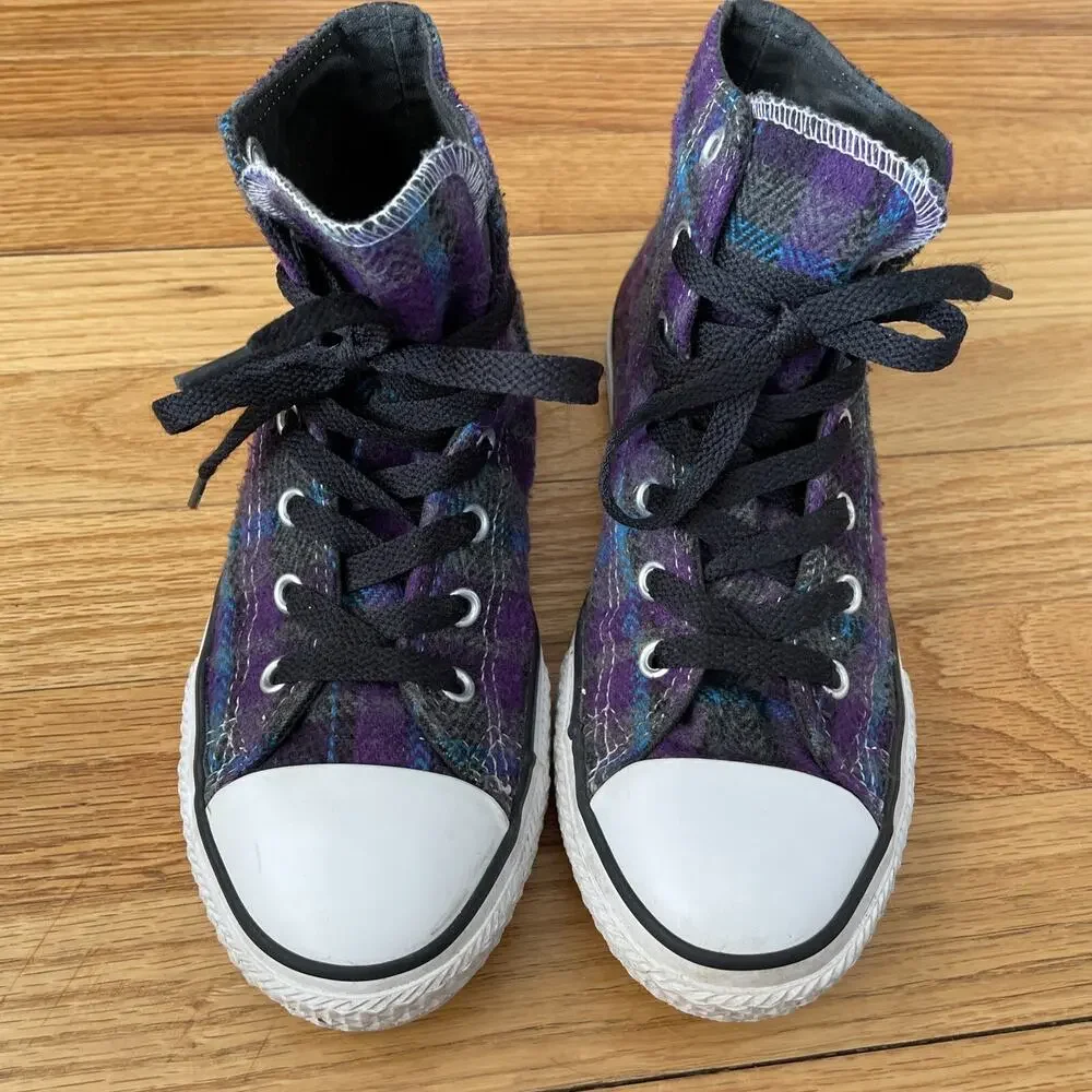 Converse Chuck Taylor All Star Kids High Top Purple Plaid Junior Size 3 - BP